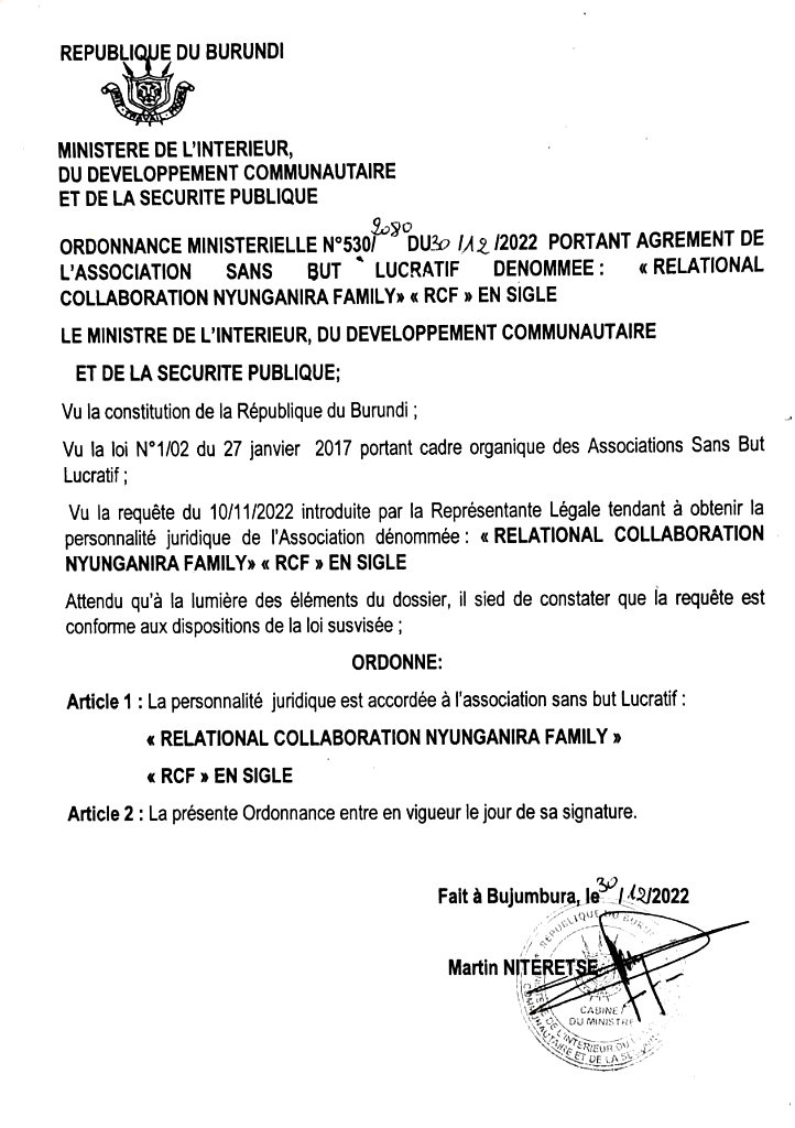 Ministerial Ordinance N°530/2080 — RCF legal personality