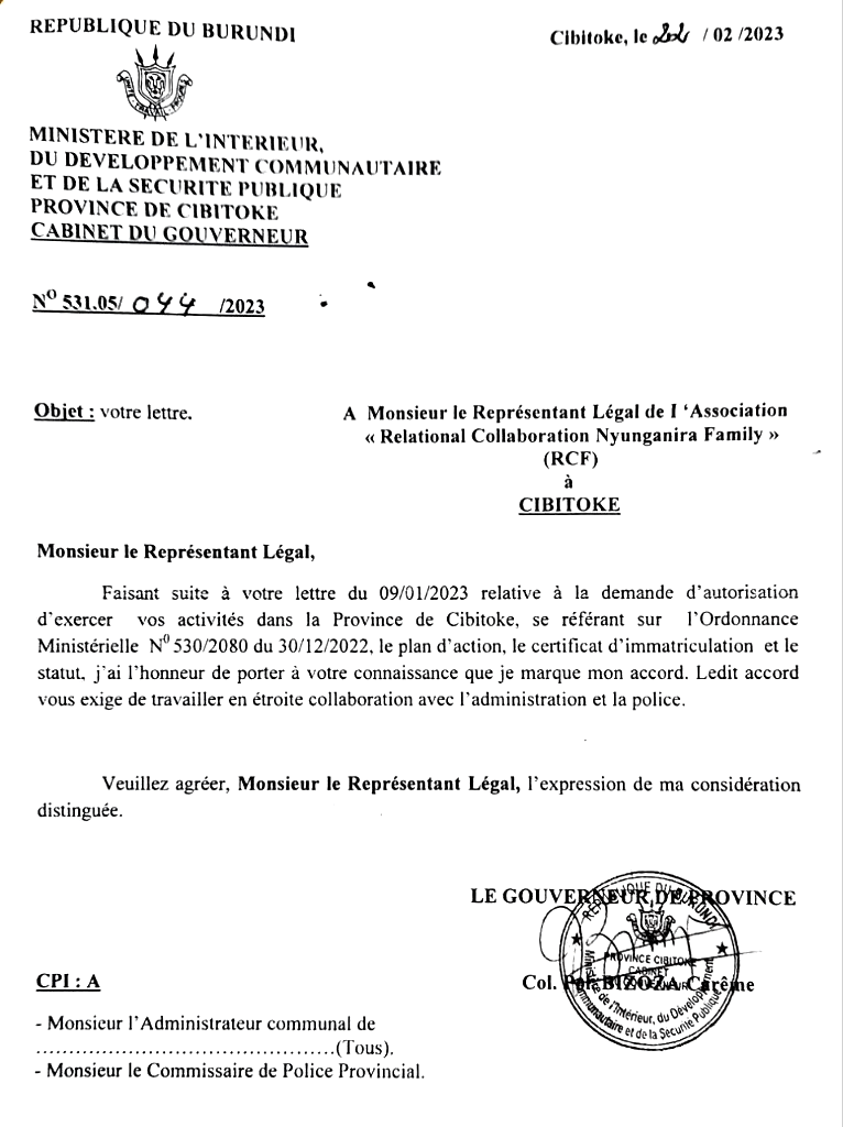 Province of Cibitoke authorization N°531.05/044/2023